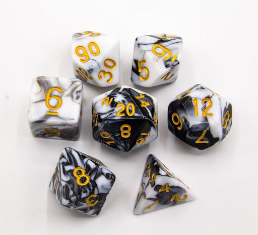 RPG Dice Set (7): Black/White Set of 7 Fusion Polyhedral Dice with Gold Numbers