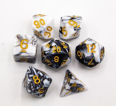 RPG Dice Set (7): Black/White Set of 7 Fusion Polyhedral Dice with Gold Numbers
