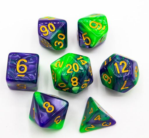 RPG Dice Set (7): Green/Purple Set of 7 Fusion Polyhedral Dice with Gold Numbers