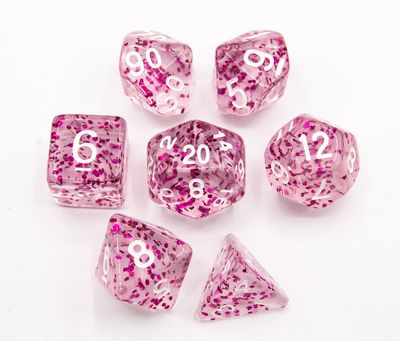 RPG Dice Set (7): Purple Set 7 Glitter Polyhedral Dice with White Numbers