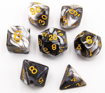 RPG Dice Set (7): Black Set of 7 Milky Polyhedral Dice with Gold Numbers