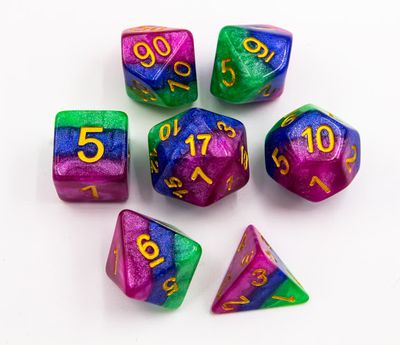 RPG Dice Set (7): Blue/Green/Purple Set of 7 Multi-Layer Polyhedral Dice with Gold