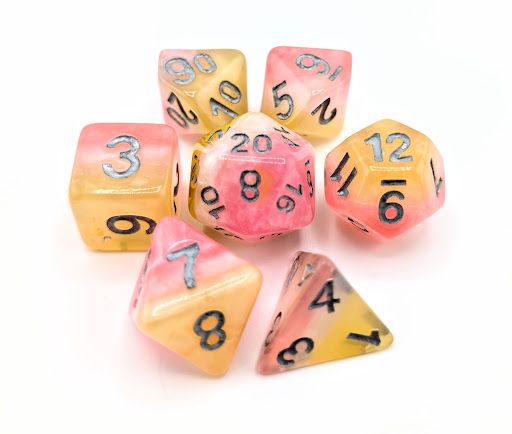 RPG Dice Set (7): Pink/Silver/Yellow Set of 7 Multi-Layer Polyhedral Dice with Silver Numbers
