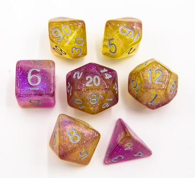 RPG Dice Set (7): Purple/Yellow Set of 7 Shimmering Galaxy Polyhedral Dice with White Numbers