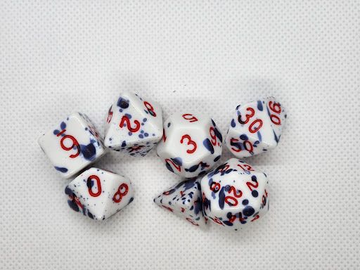 RPG Dice Set (7): Blue Set of 7 Polyhedral Dice with Red Numbers