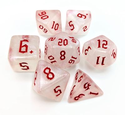 RPG Dice Set (7): Silver Blue Glitter Set of 7 Special Set Polyhedral Dice with Red Numbers