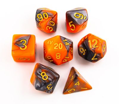 RPG Dice Set (7): Orange/Steel Set of 7 Steel Polyhedral Dice with Gold Numbers