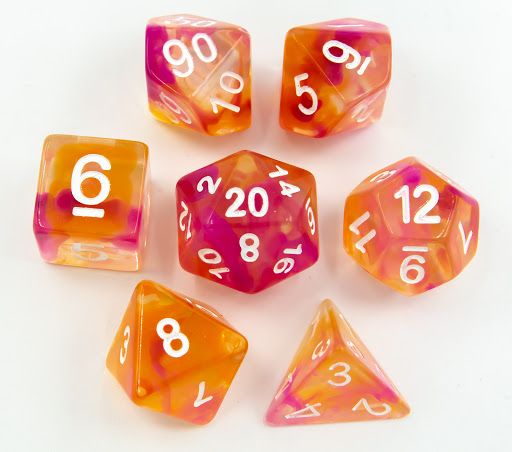 RPG Dice Set (7): Orange/Pink Set of 7 Swirl Polyhedral Dice with White Numbers