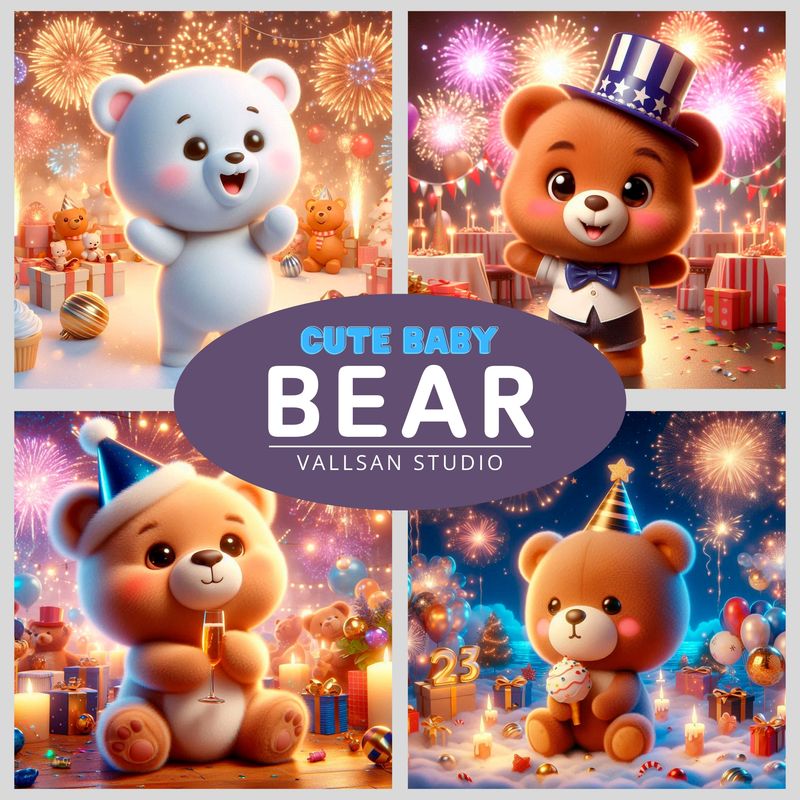 Cute baby bear celebrating a Happy New Year - 3D Rendered illustrations.