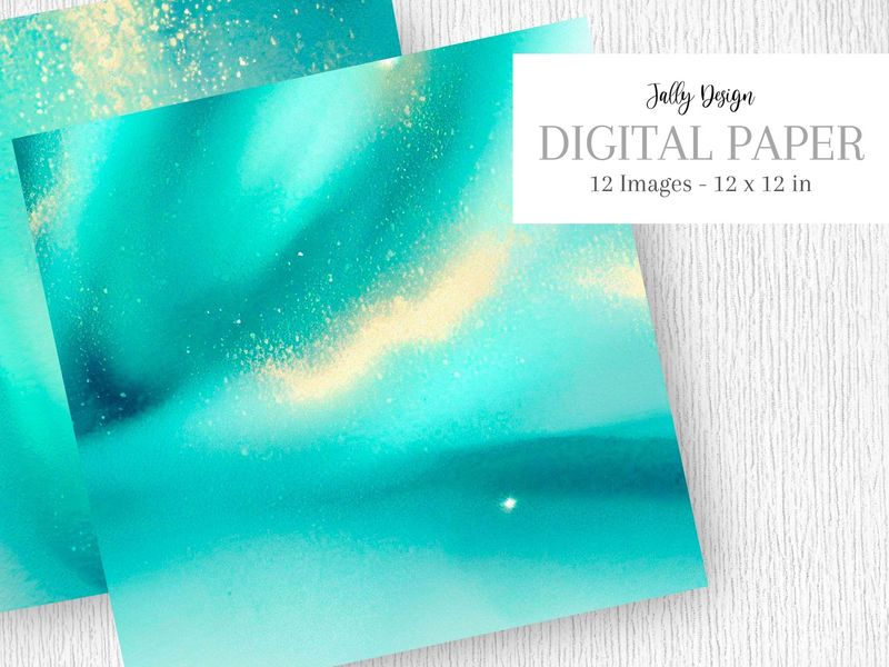 Auroras borealis de acuarela en color azul aguamarina con glitter dorado