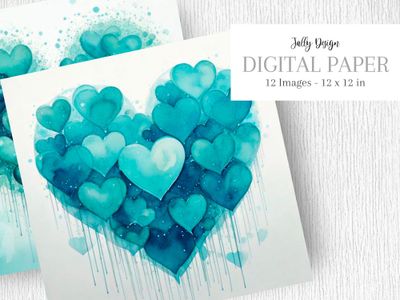 Corazones aguamarina pintados con acuarela