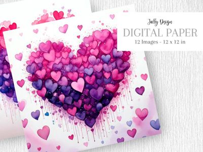 Corazones morados y magenta, pintados con acuarela