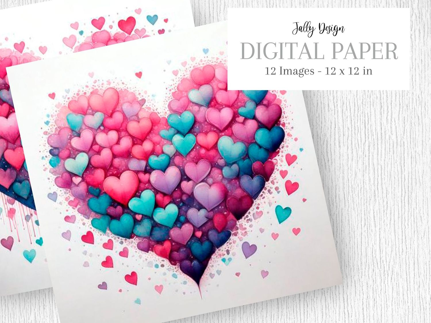 Corazones de color rosa mexicano y aguamarina, pintados con acuarela