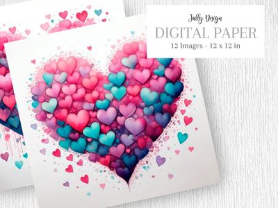 Corazones de color rosa mexicano y aguamarina, pintados con acuarela
