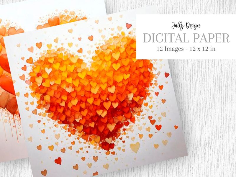 Corazones de color naranja intenso, pintados con acuarela