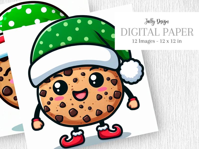 Caricatura de una galleta de chispas de chocolate vestida como duende
