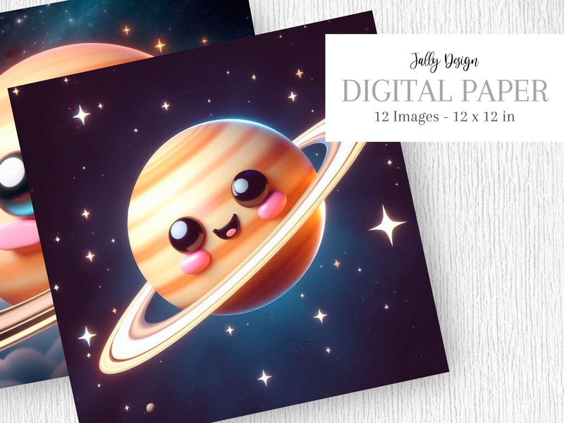 Planeta Saturno volando en el espacio, estilo kawaii