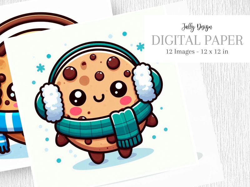 Caricatura de una divertida galleta de chispas de chocolate vestida para el invierno
