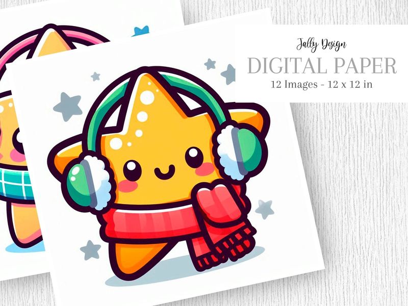 Caricatura de una divertida estrella kawaii vestida para el invierno