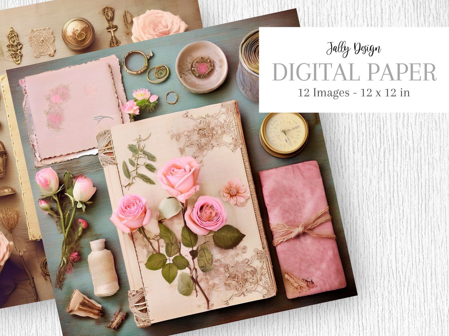 Papel digital imprimible con diseños florares y libretas de escritura, estilo Vintage