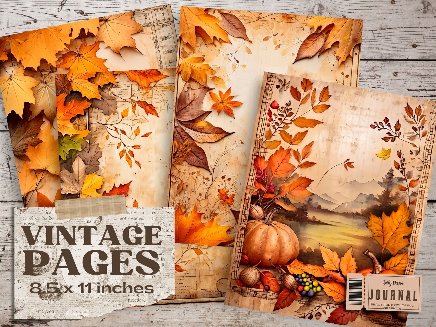 Páginas antiguas de hojas de maple en Otoño para junk journal