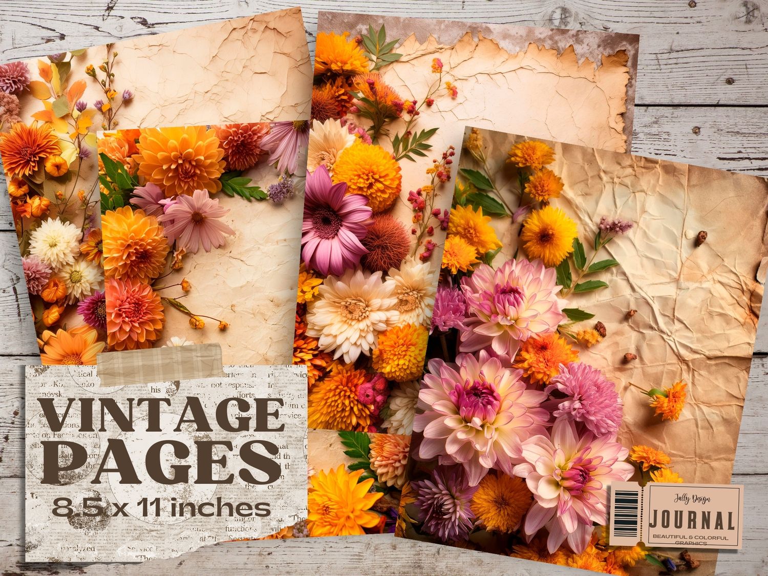 Hermosas páginas con diseños florales de Otoño para junk journal