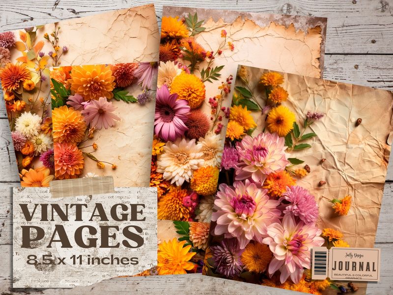 Hermosas páginas con diseños florales de Otoño para junk journal