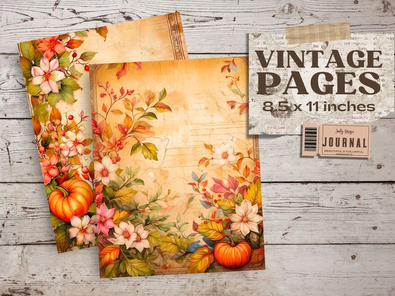 Páginas antiguas con diseño flora y calabazas en temporada de Otoño para junk journal
