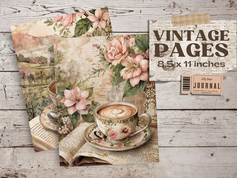 Paginas envejecidas con tema de café y flores para junk journal