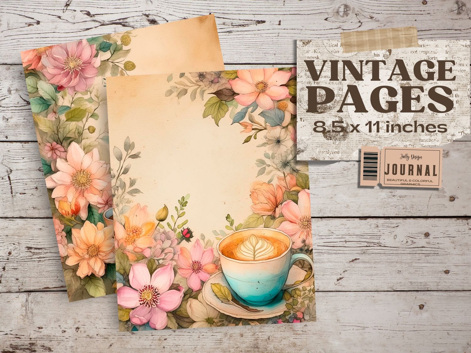 Coloridas tazas de café con estilo vintage en páginas envejecidas para junk journal