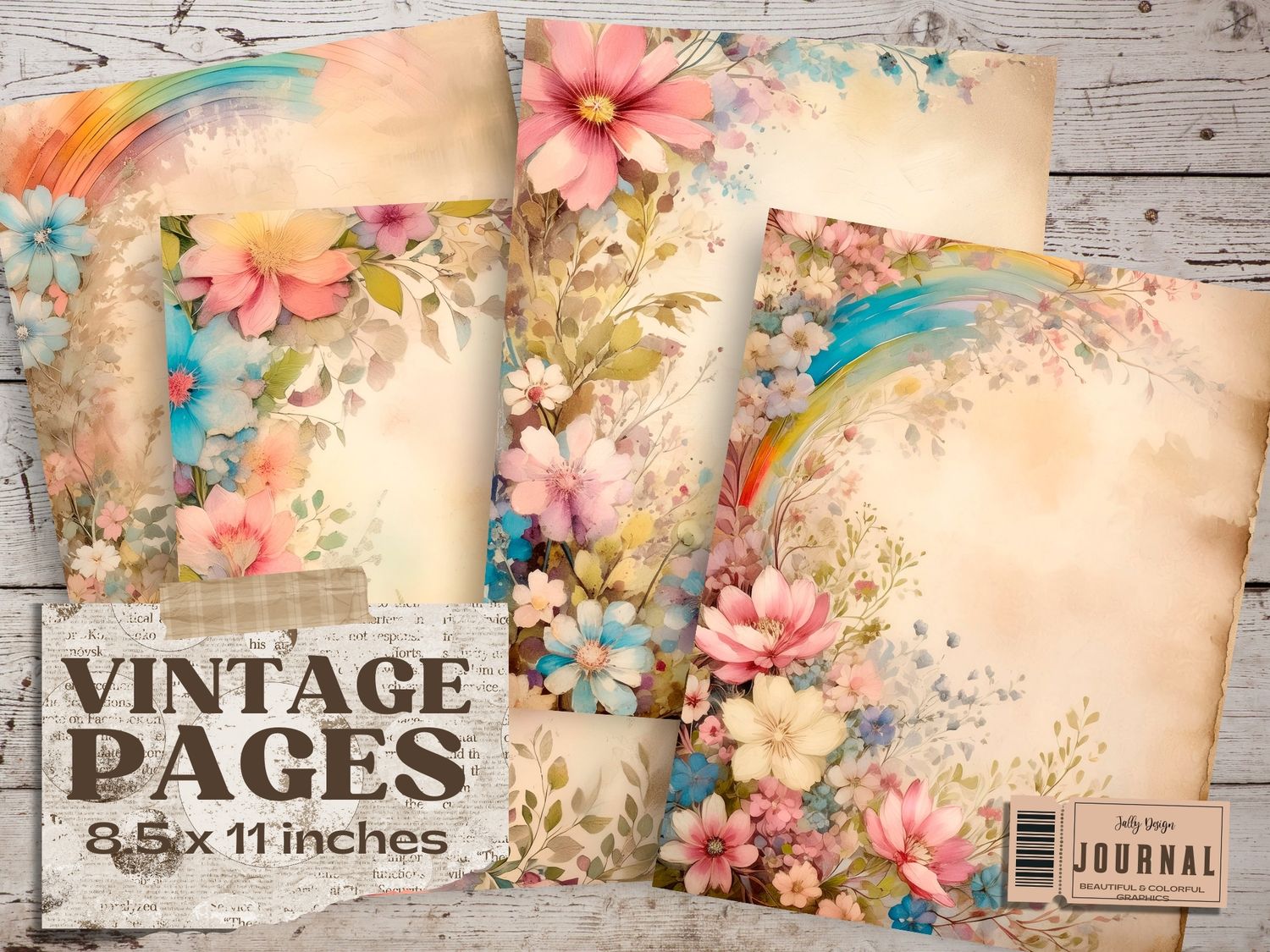 Páginas vintage con pequeñas flores de tonos pastel para junk journal