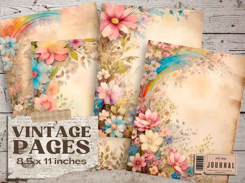 Páginas vintage con pequeñas flores de tonos pastel para junk journal
