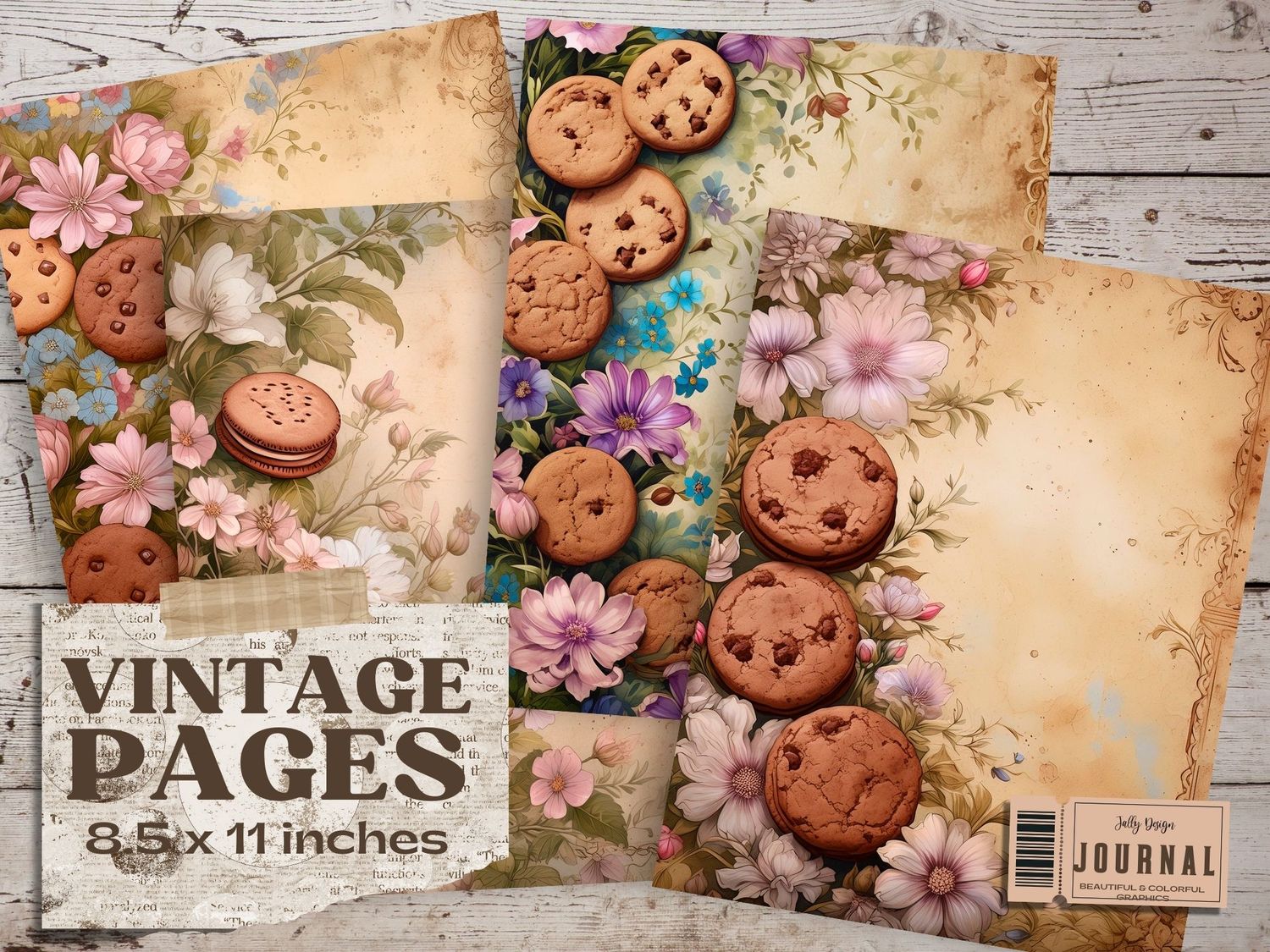 Páginas de diario con diseño de galletas vintage y flores Shabby Chic