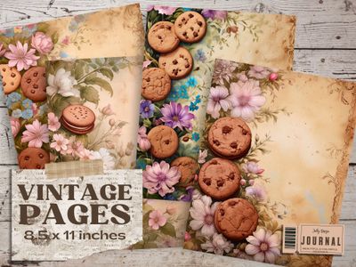 Páginas de diario con diseño de galletas vintage y flores Shabby Chic