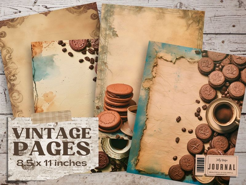Diseños vintage de galletas y taza de café para decorar junk journal