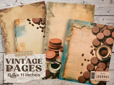 Diseños vintage de galletas y taza de café para decorar junk journal