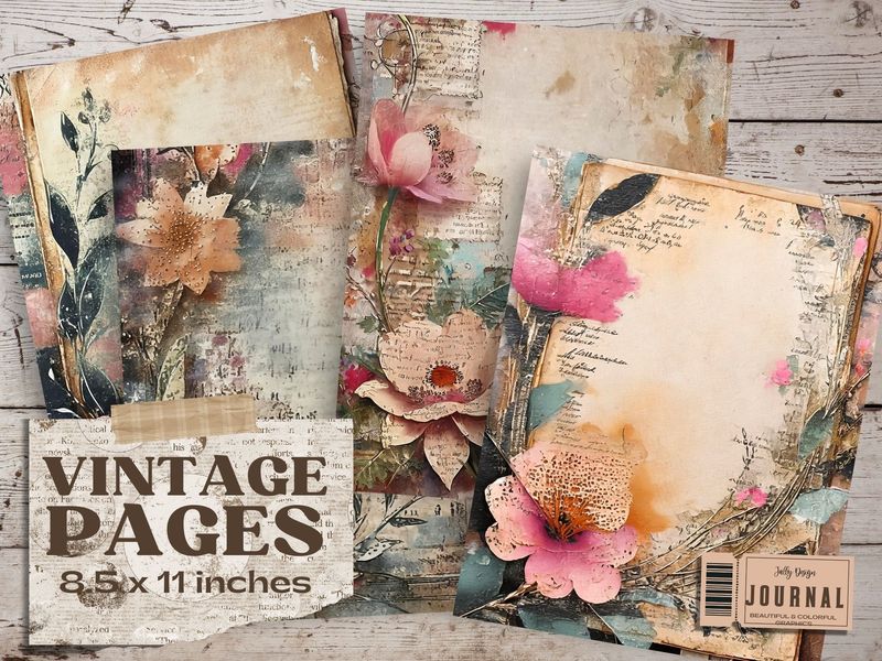 Páginas vintage de flores Shabby Chic en color de rosa para junk journal