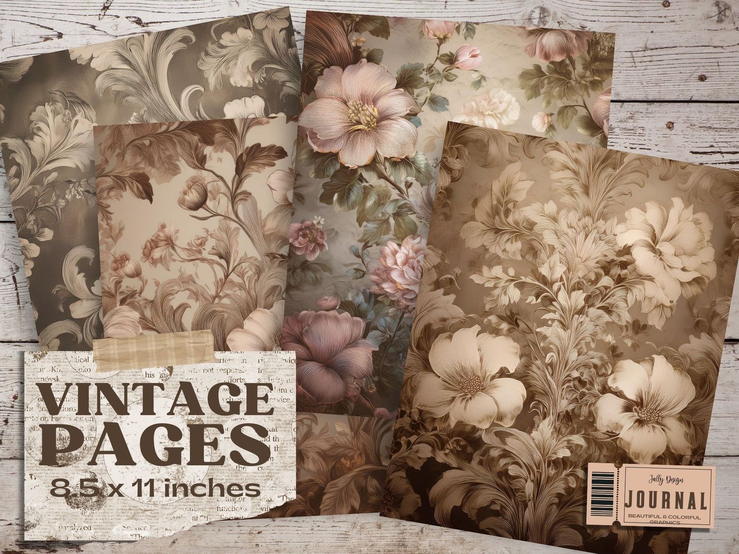 Páginas envejecidas de patrones florales para junk journal