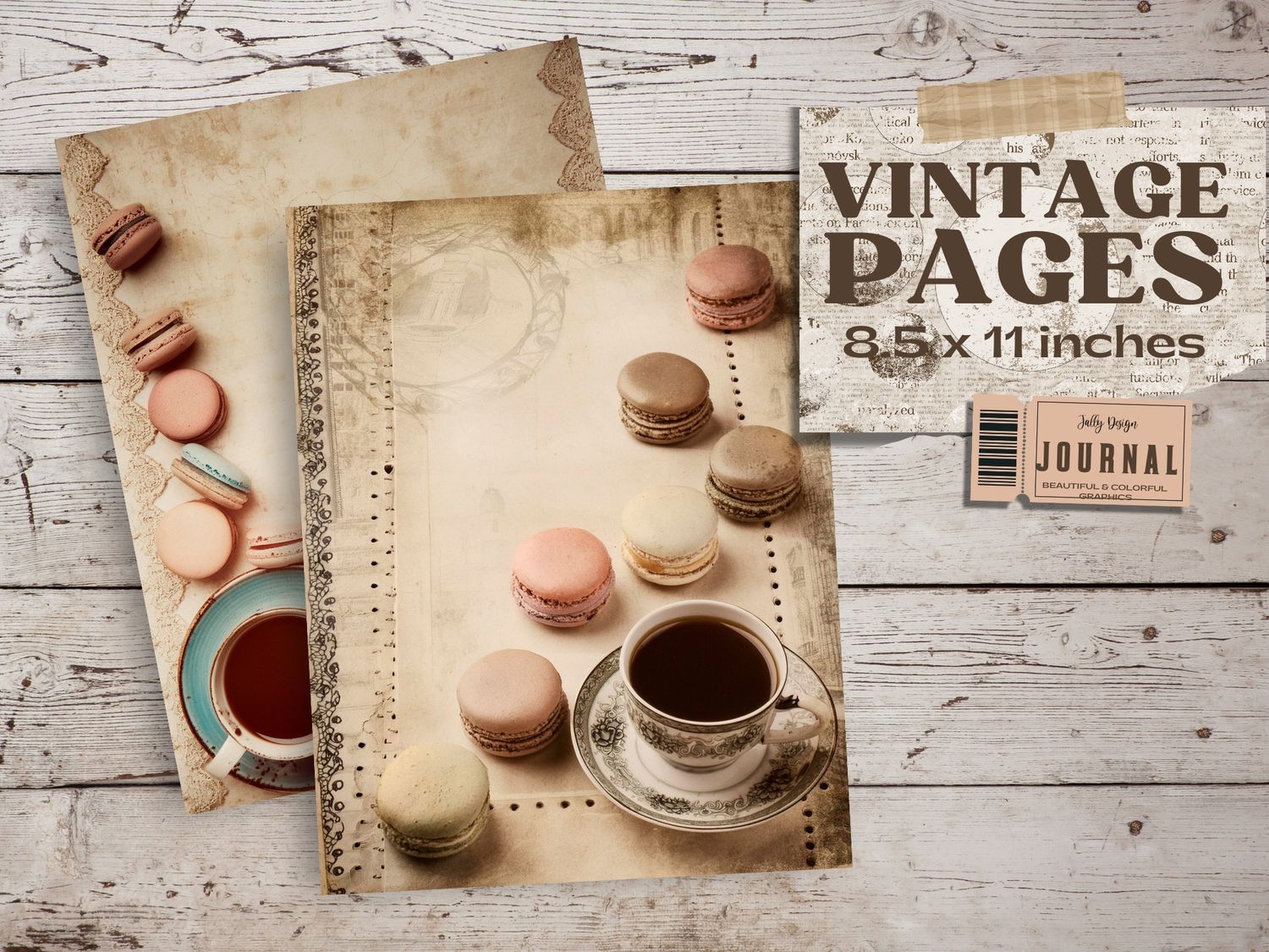 Deliciosos macarons y una taza de café caliente con estilo Vintage para junk journal