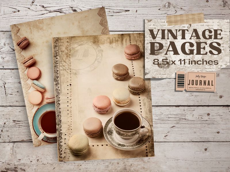 Deliciosos macarons y una taza de café caliente con estilo Vintage para junk journal