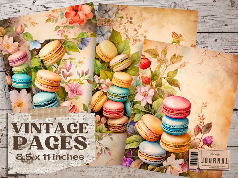 Hermosas páginas envejecidas con tema de macarons de colores para junk journal