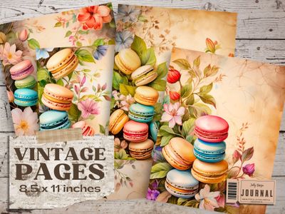 Hermosas páginas envejecidas con tema de macarons de colores para junk journal