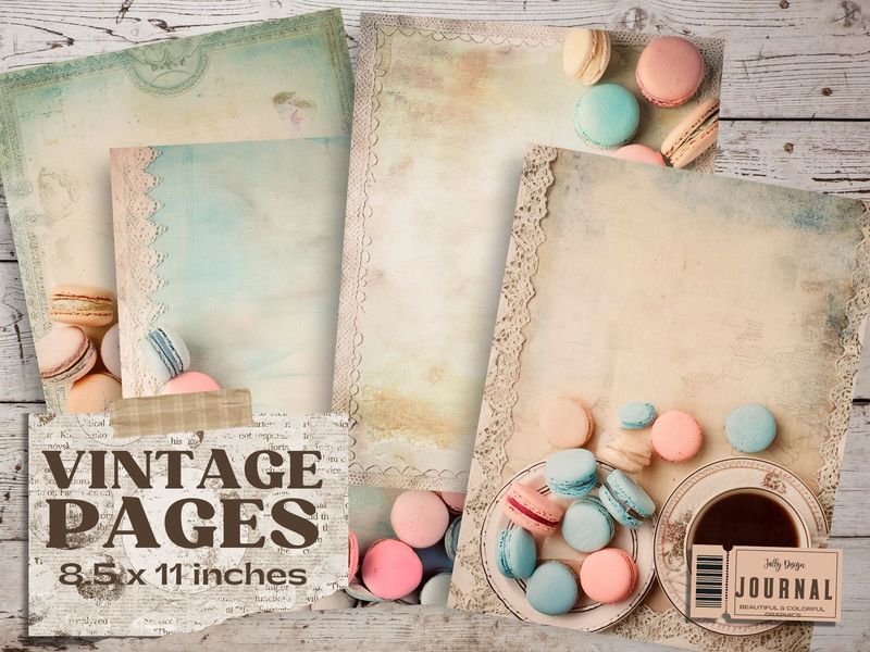 Hermosas páginas viejas con diseños florales con macarons y café caliente para decorar junk journal