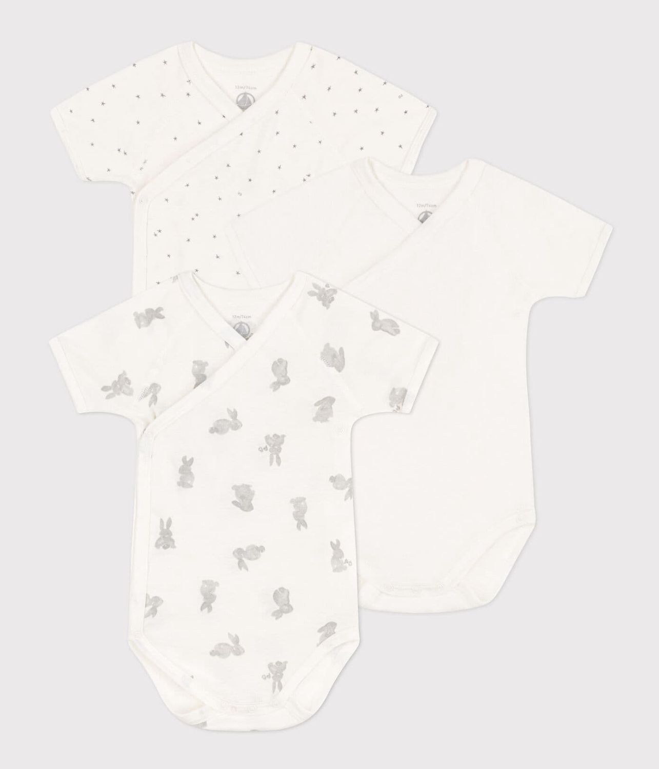 PETIT BATEAU - SET VAN 3 BODY&#39;S MET KONIJNTJESPRINT EN KORTE MOUW