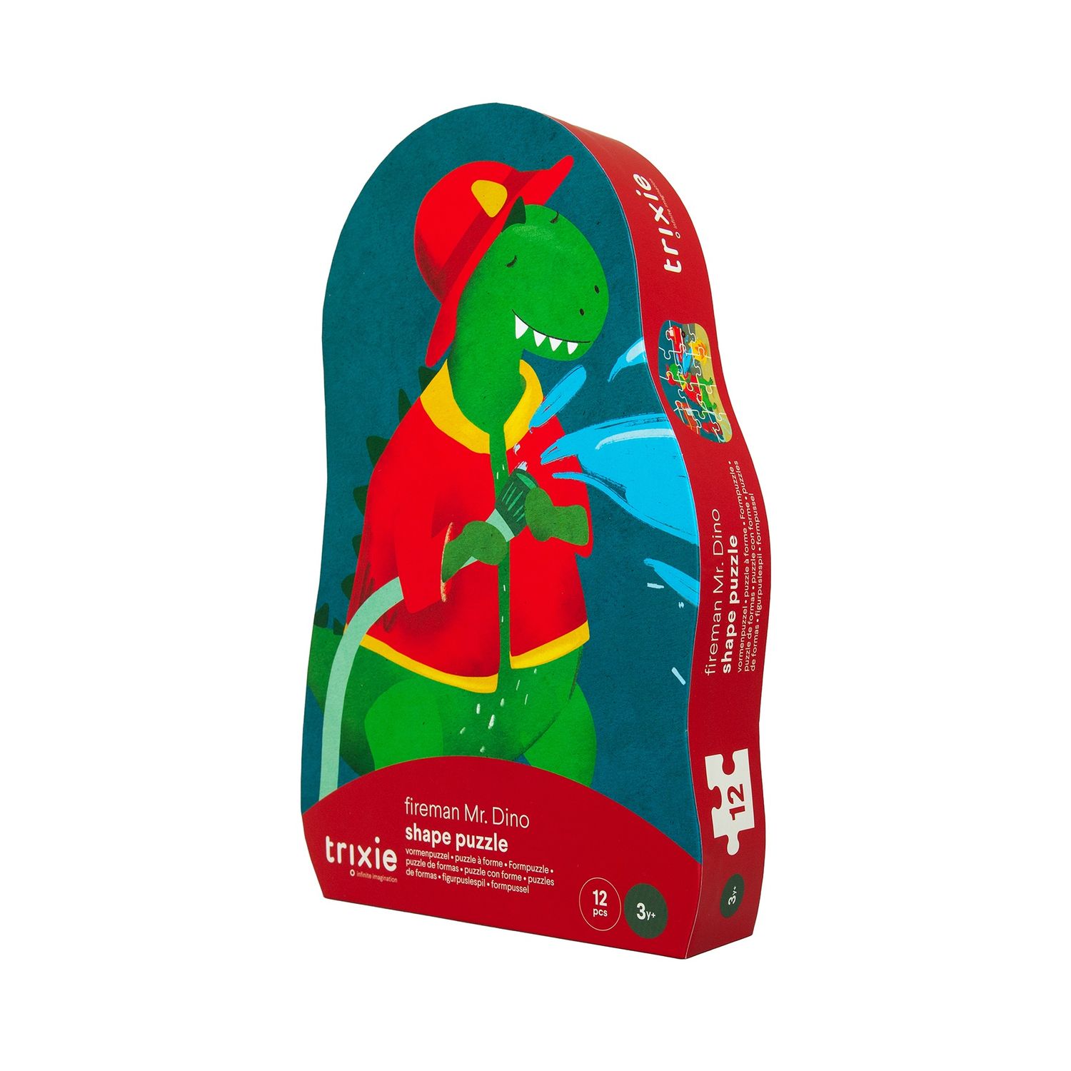 Trixie - Puzzeldoos - Vormenpuzzel - Brandweerman Mr. Dino - 12 stuks