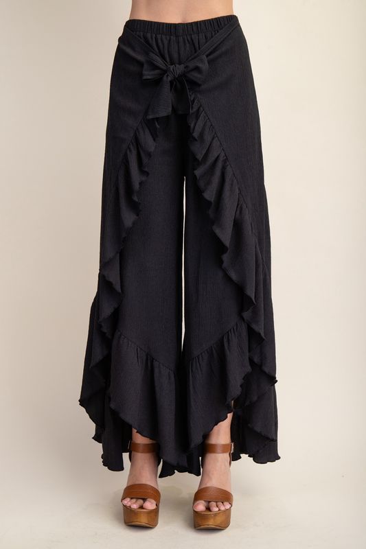 Shirred Tie Front Wide Leg Pants