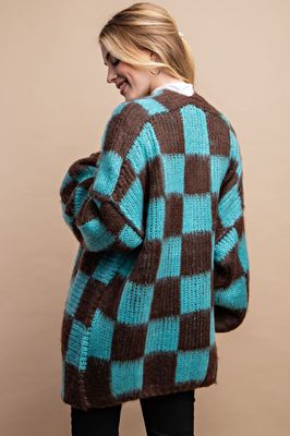 Chunky Checkered Open Front Sweater Cardigan