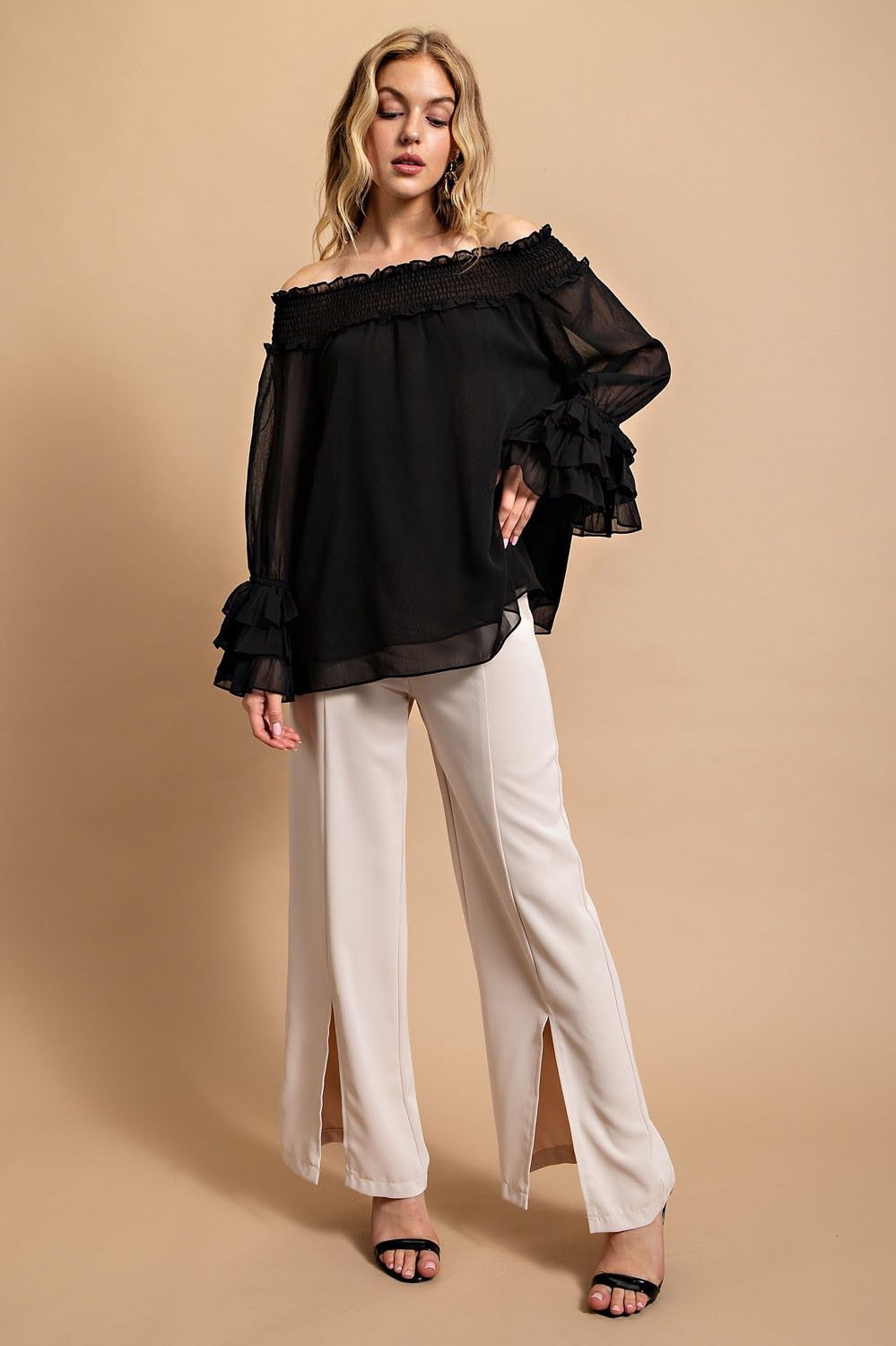 Smocked Detail Off Shoulder Tiered Sleeve Top