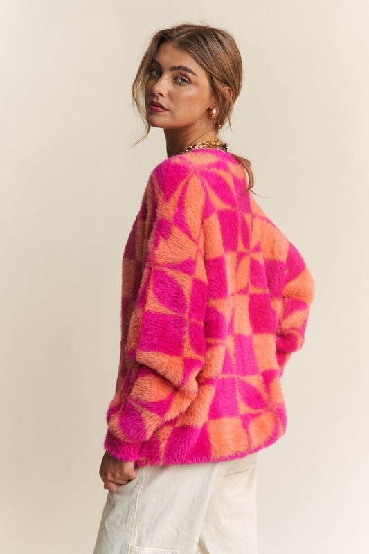 Fuzzy Floral Checkered Button Cardigan