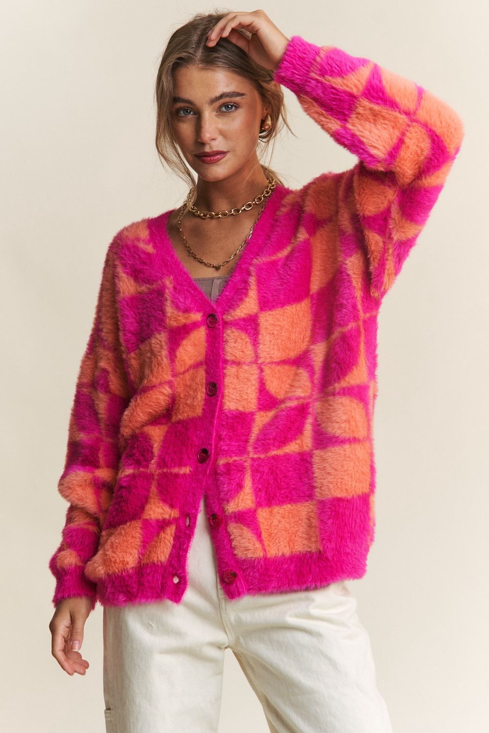 Fuzzy Floral Checkered Button Cardigan